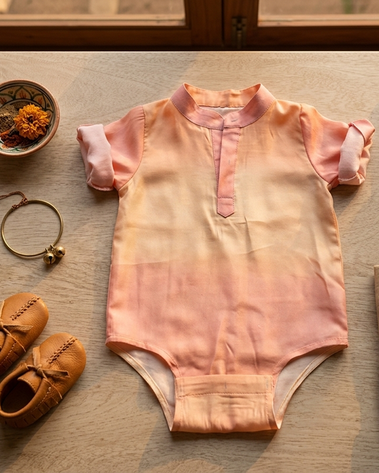 Sky tailored baby romper in rose fabric by Moon N Lotus, soft breathable lightweight wear