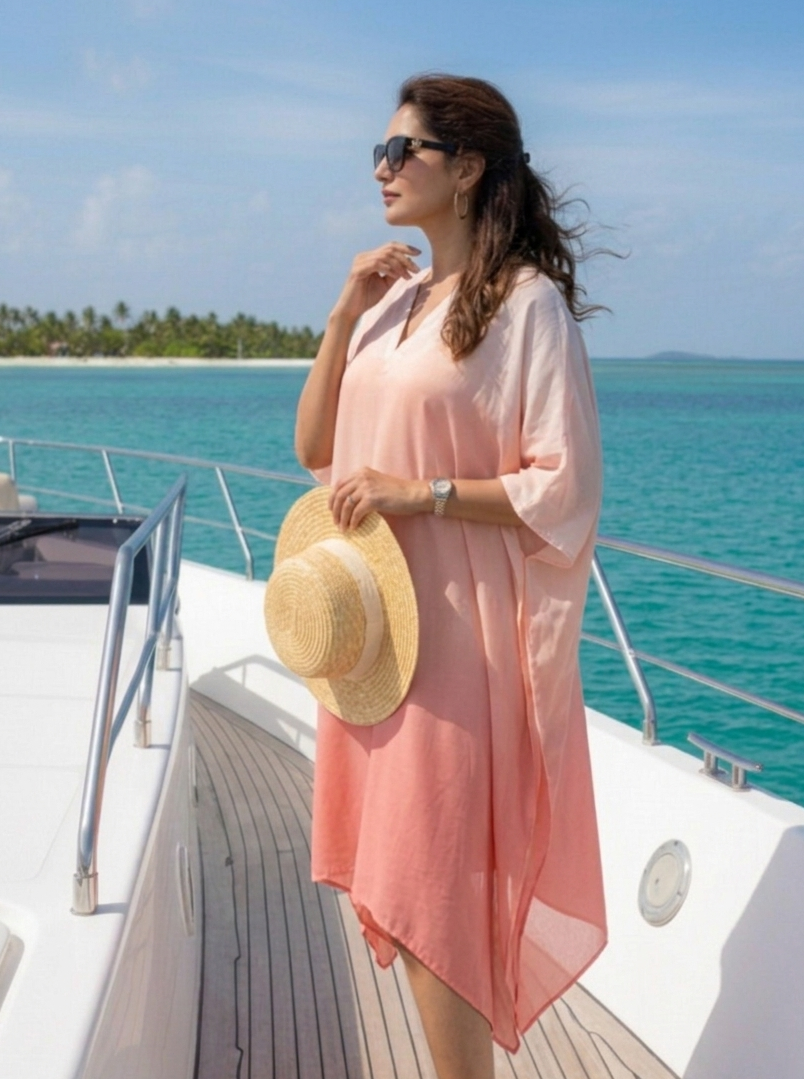 Close-up of sky-inspired tones on mid kaftan in rose fabric, soft elegant design Moon N Lotus