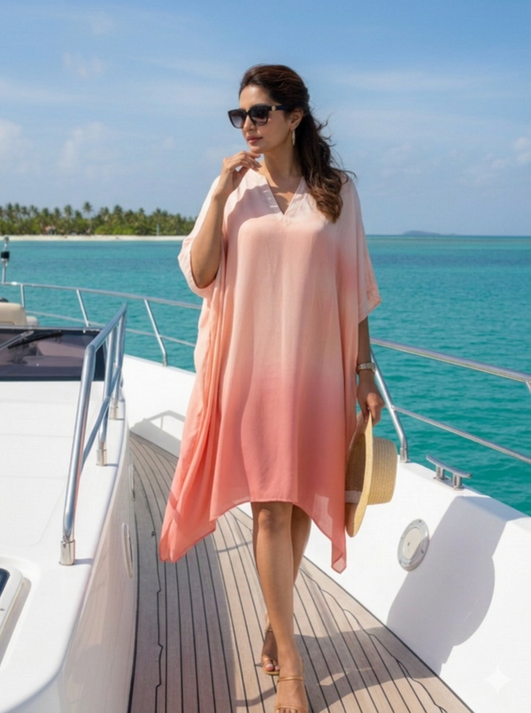 Sky mid kaftan in rose fabric by Moon N Lotus, lightweight breathable resort wear