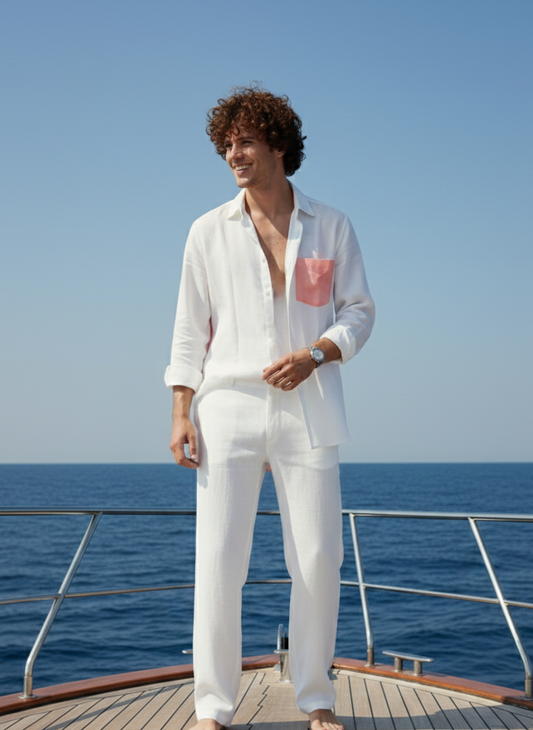 Sky printed shirt in bamboo and orange fabric with white base by Moon N Lotus, lightweight breathable summer wear