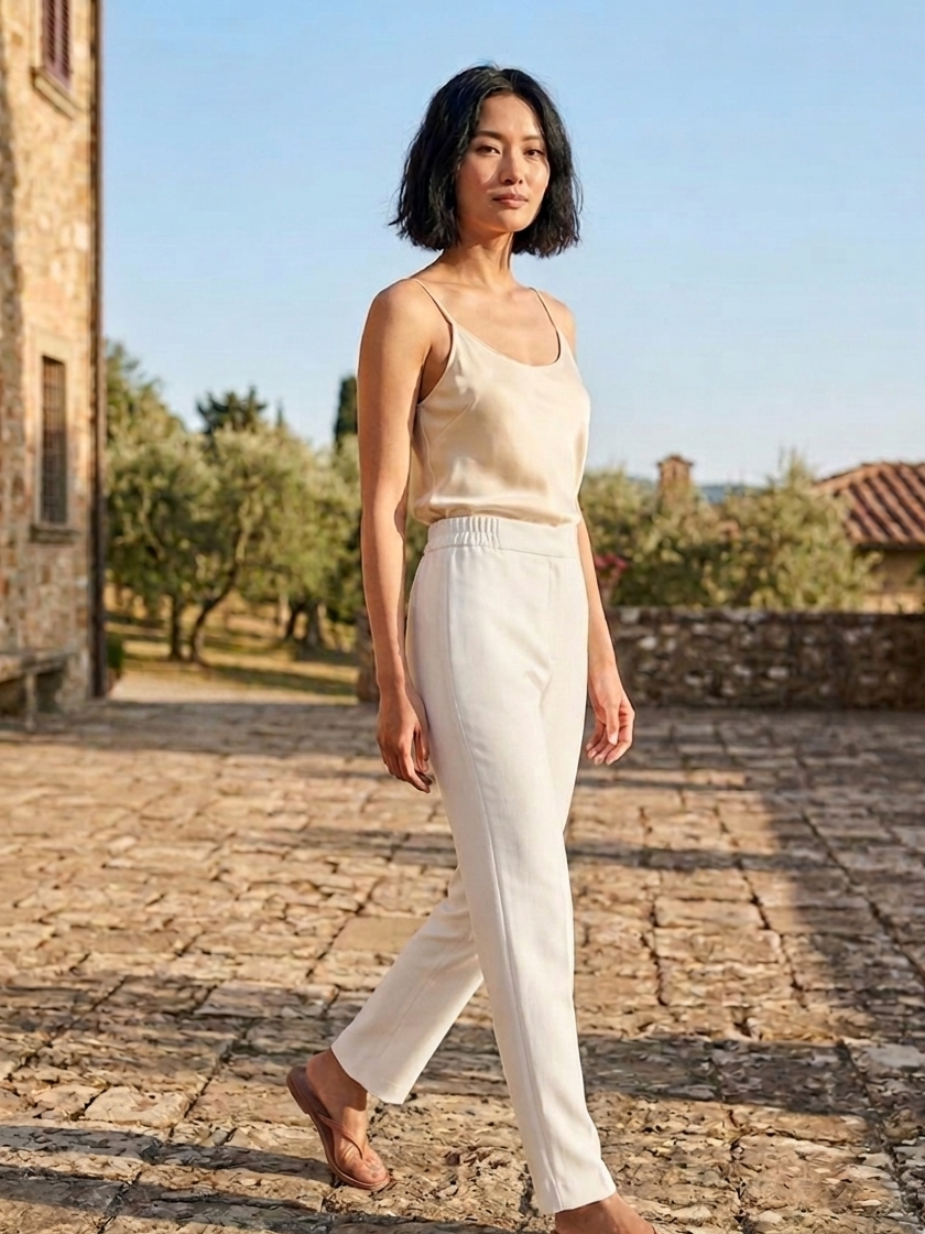 Slim fit detailing of white narrow pants highlighting tailored structure Moon N Lotus