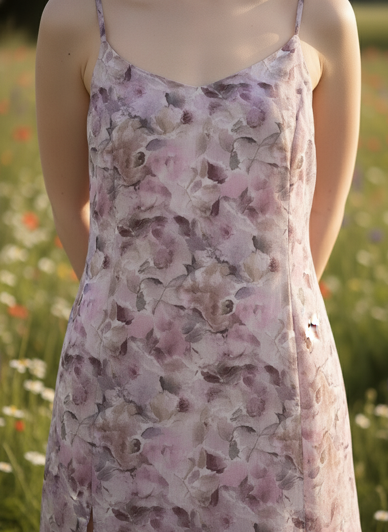 Close-up of multi-slit design on pink printed dress, unique flowing silhouette Moon N Lotus