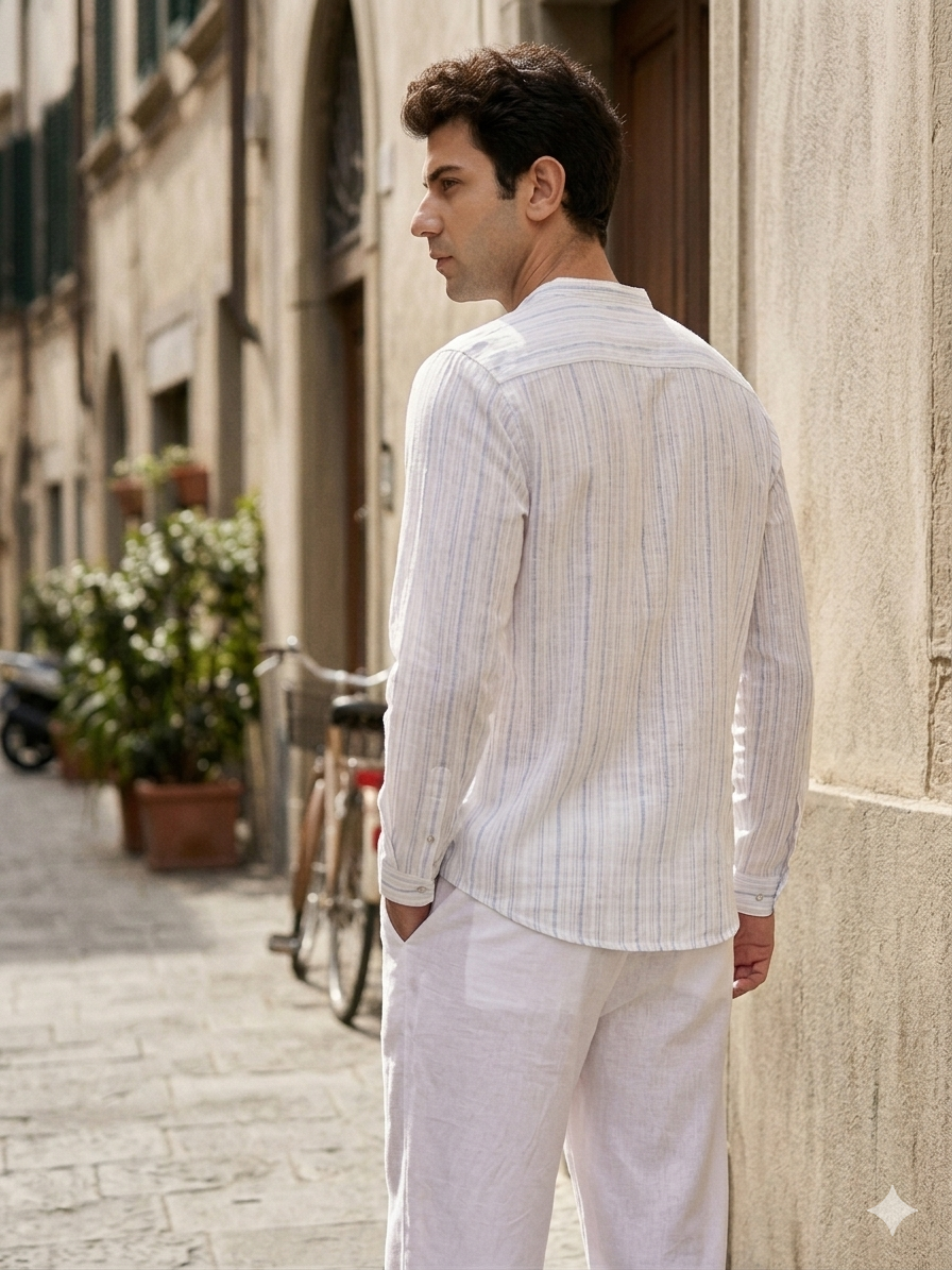Back view of striped bamboo kurta, relaxed fit comfortable men’s wear Moon N Lotus