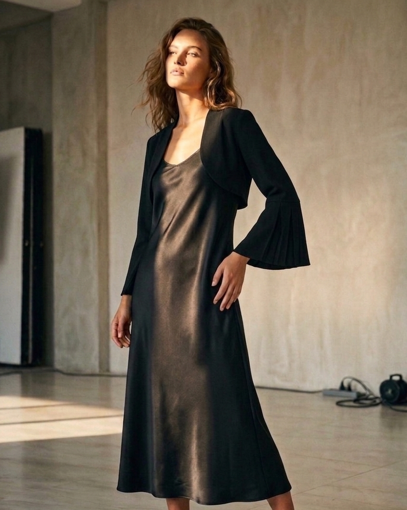 Styled black straight slip dress outfit, refined evening and minimal fashion Moon N Lotus