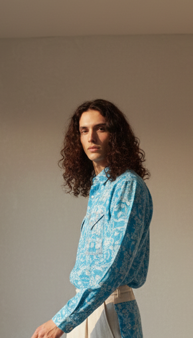 Styled blue floral oversized shirt outfit for men, modern casual fashion Moon N Lotus