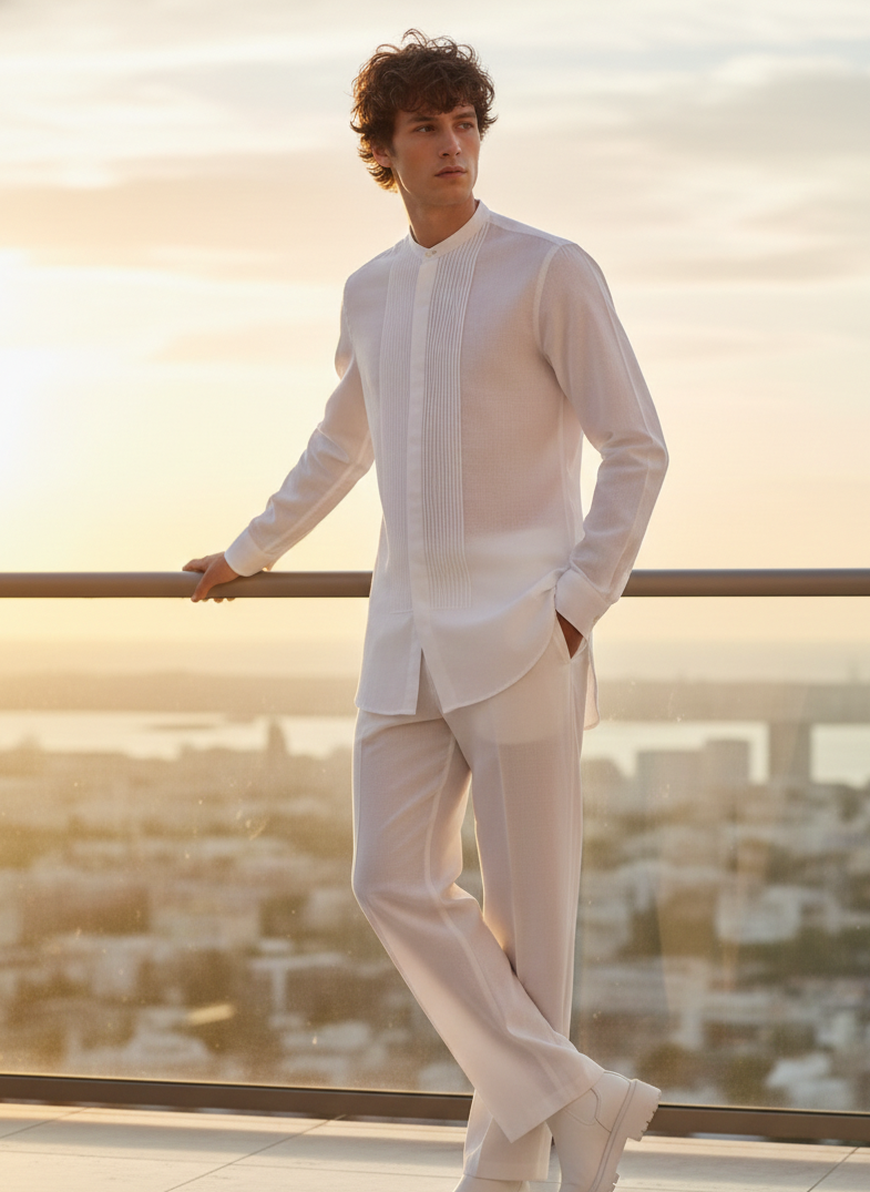Styled white hemp shirt for men with embroidery modern minimal fashion Moon N Lotus