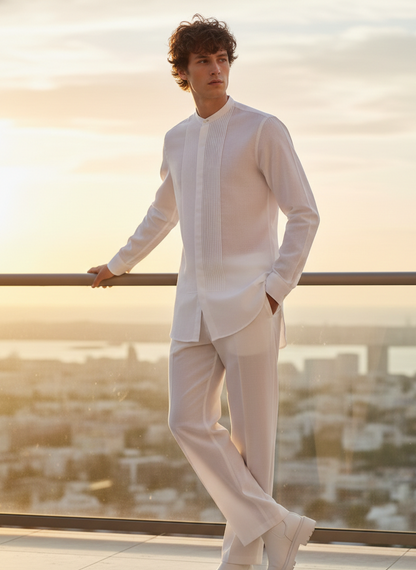 Styled white hemp shirt for men with embroidery modern minimal fashion Moon N Lotus
