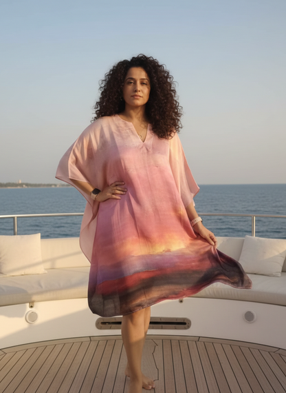 Sunrise print mid kaftan in orange fabric by Moon N Lotus, lightweight breathable resort wear for women