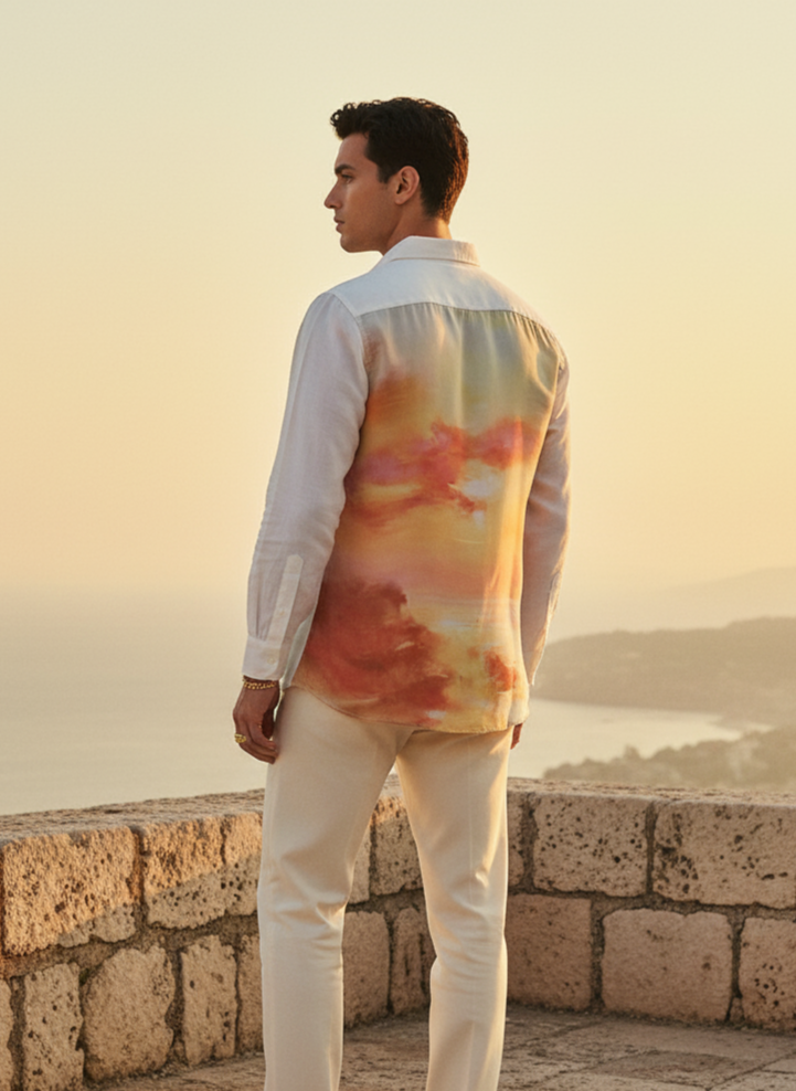 Close-up of sunrise print on back of white bamboo shirt, bold graphic detail Moon N Lotus