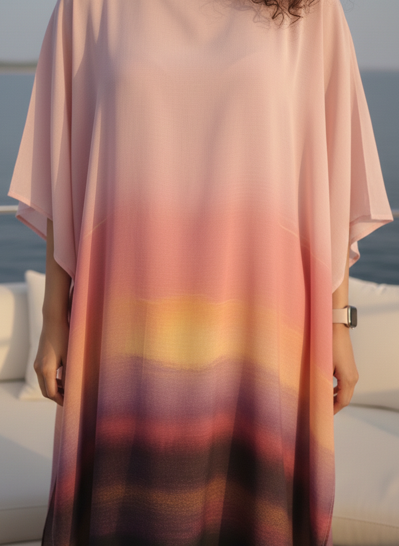 Close-up of sunrise print on mid kaftan, vibrant summer design Moon N Lotus