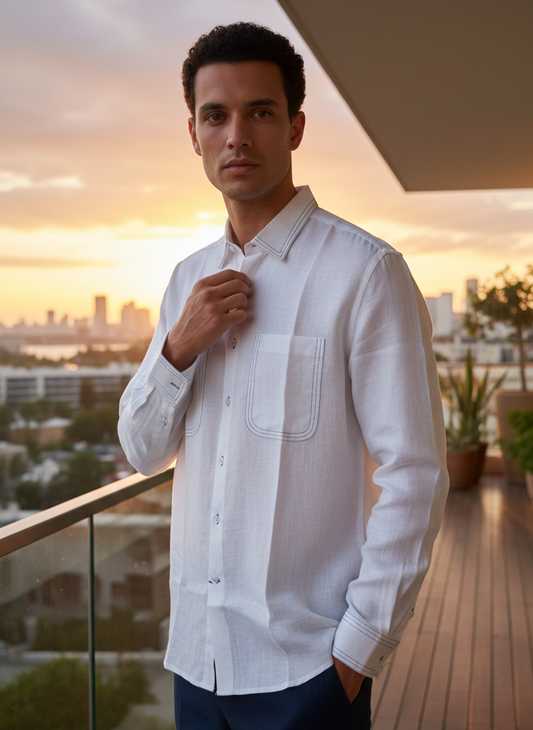 Close-up of delicate threadwork on white hemp shirt, handcrafted detail Moon N Lotus