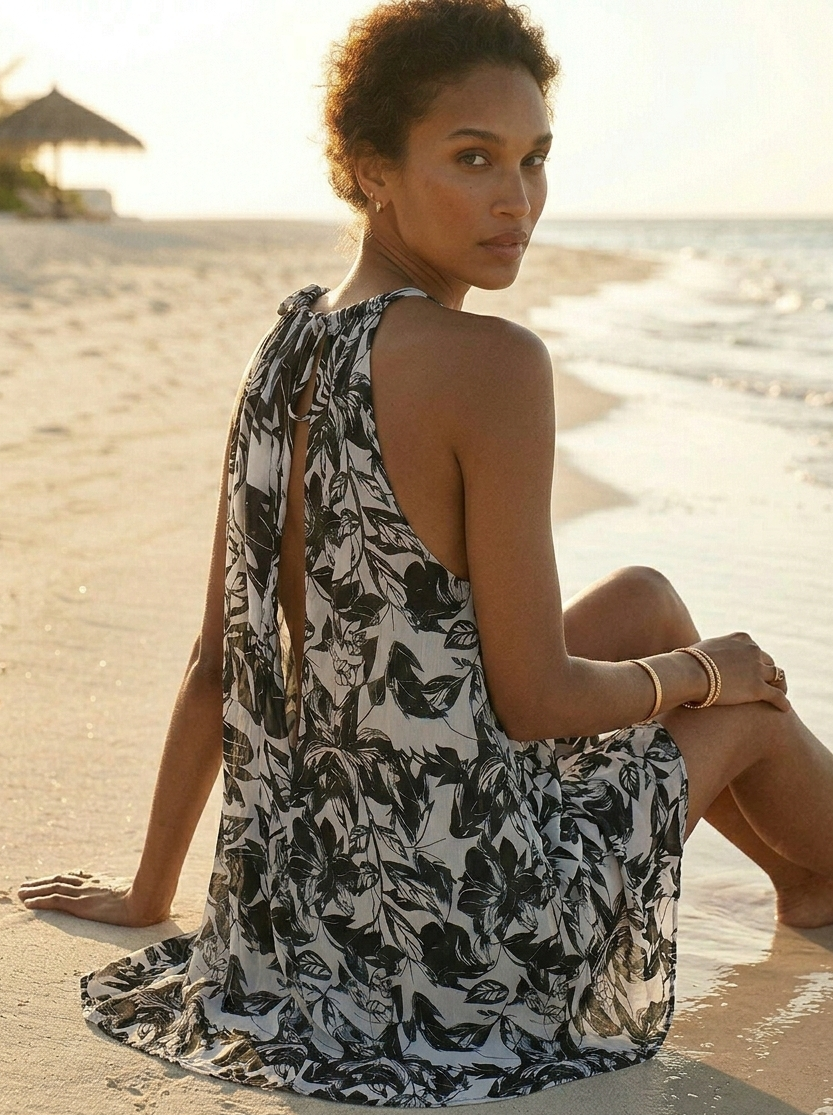 Close-up of tropical style detail on black Hawaiian dress in orange fabric, vibrant summer design Moon N Lotus