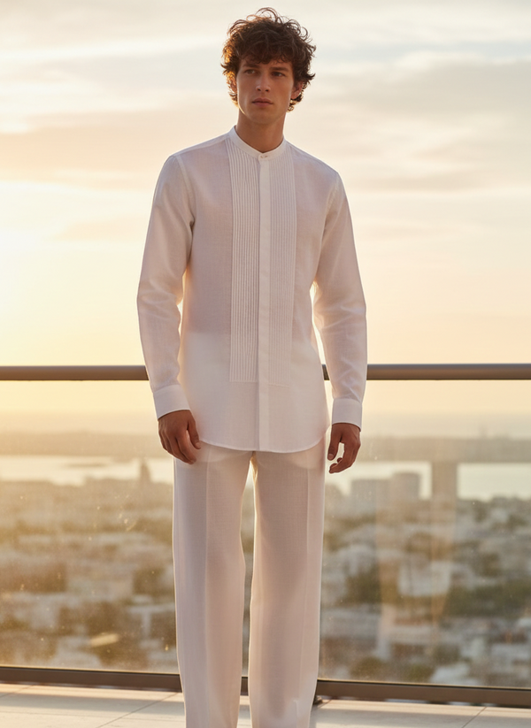 White Asian collar shirt for men with threadwork embroidery in 100% hemp fabric Moon N Lotus