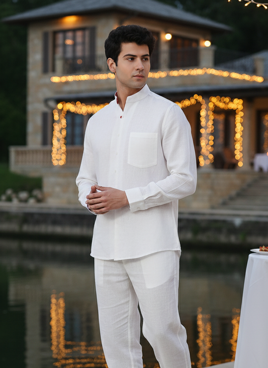 White Asian collar shirt in 100% hemp fabric by Moon N Lotus, breathable lightweight summer shirt for men