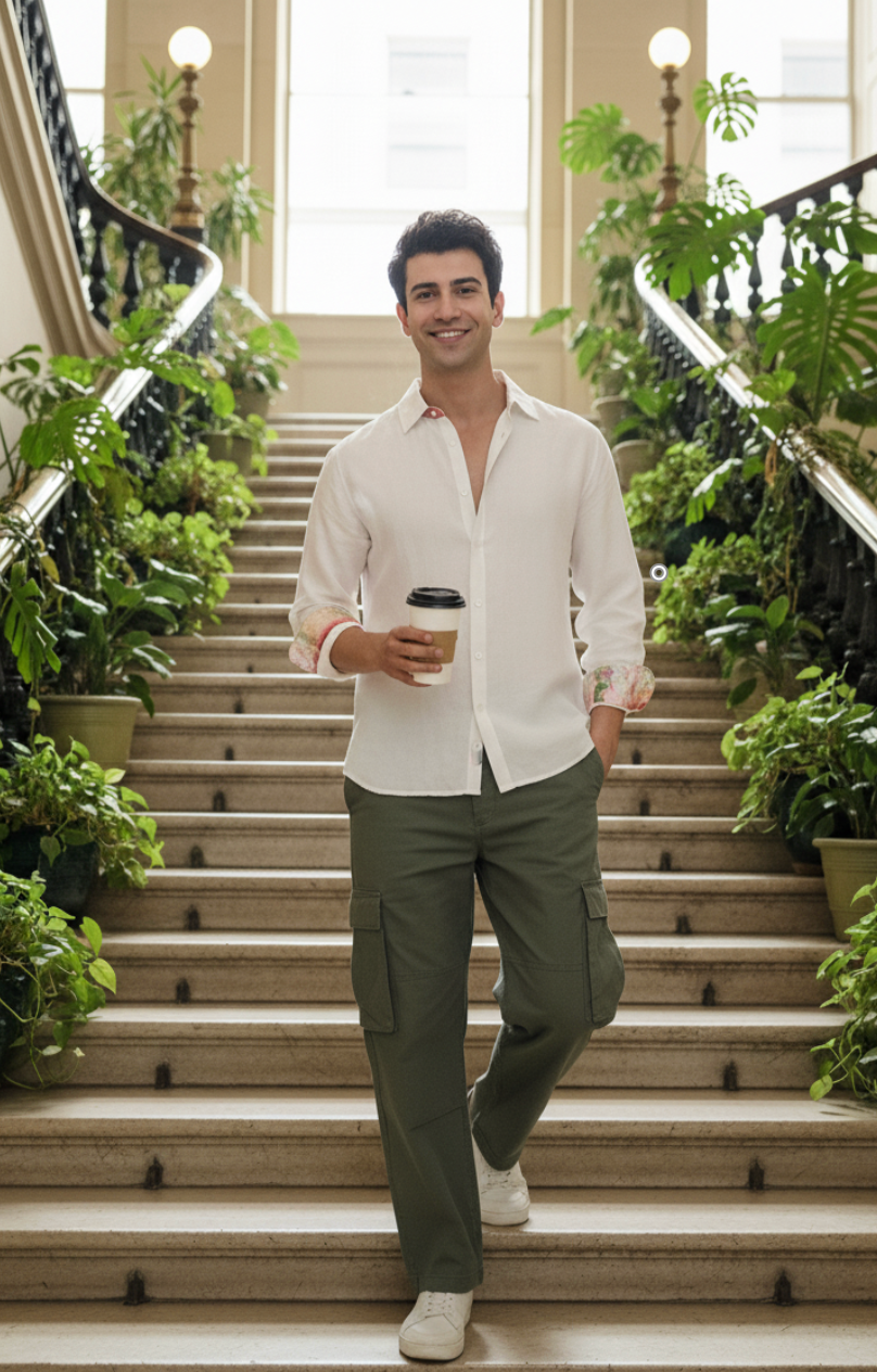 White collared shirt in bamboo fabric by Moon N Lotus, soft breathable lightweight shirt for men