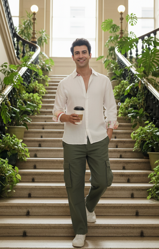 White collared shirt in bamboo fabric by Moon N Lotus, soft breathable lightweight shirt for men