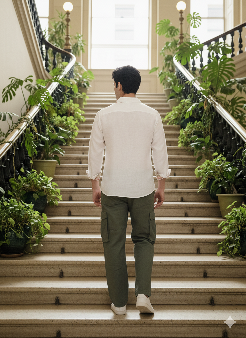 Back view of white bamboo shirt, relaxed fit comfortable men’s wear Moon N Lotus