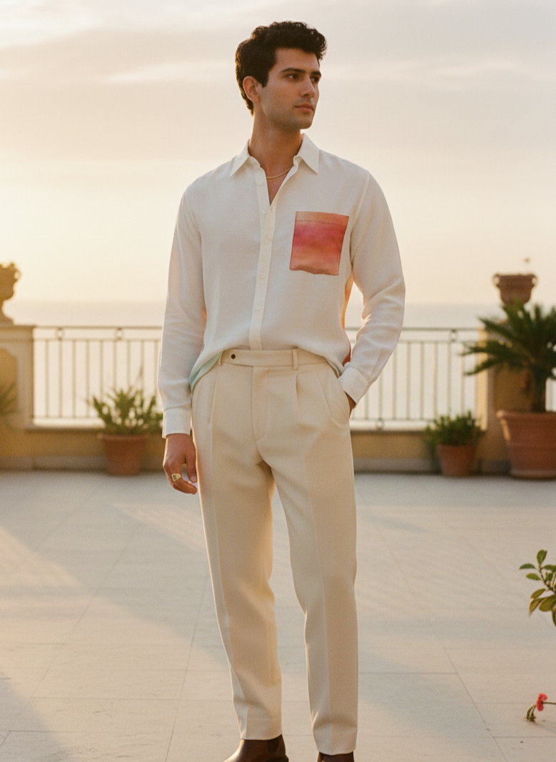 Back view of white bamboo shirt with sunrise print, statement men’s fashion Moon N Lotus