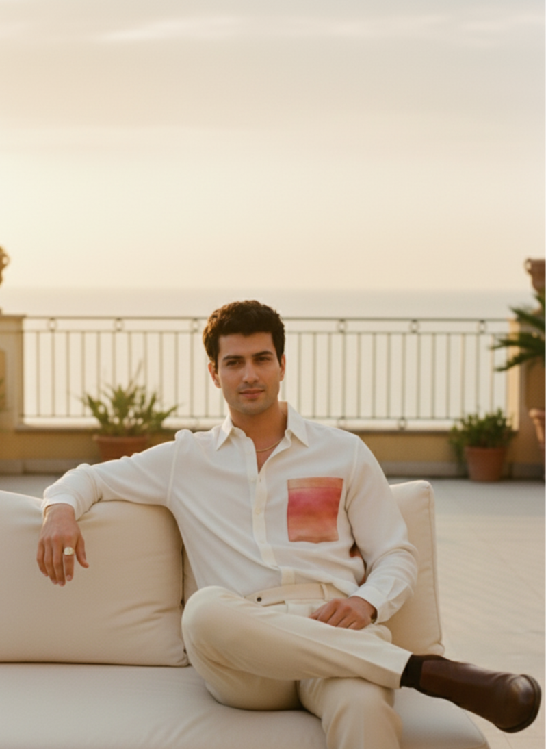 White bamboo shirt with sunrise print on the back by Moon N Lotus, soft breathable lightweight shirt for men