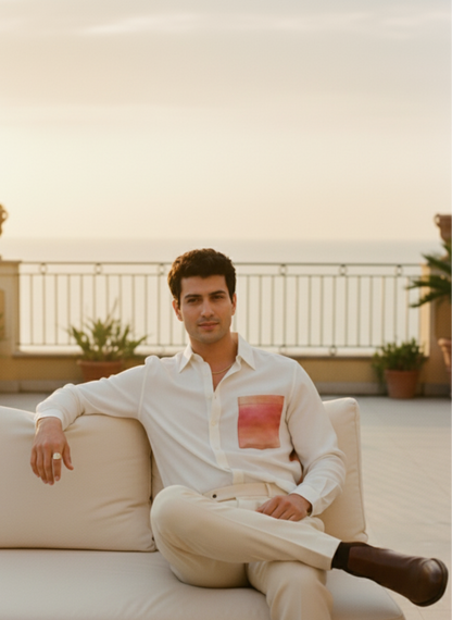White bamboo shirt with sunrise print on the back by Moon N Lotus, soft breathable lightweight shirt for men