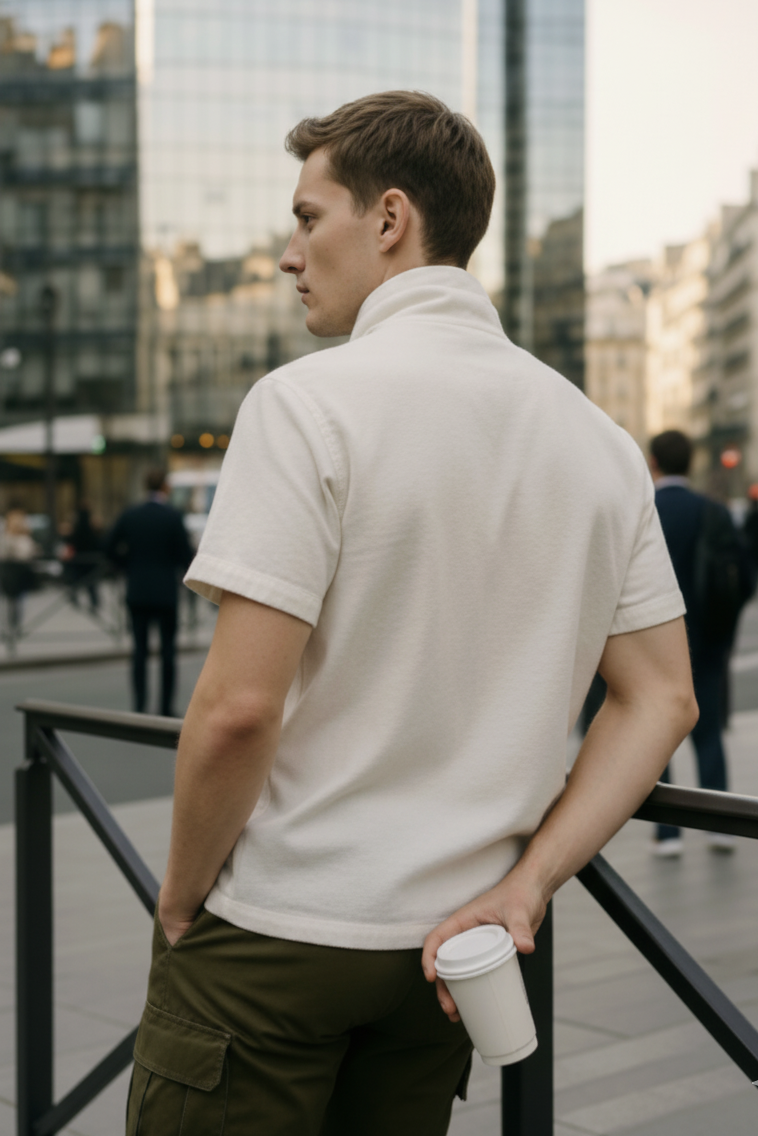 Back view of white big collar T-shirt, relaxed fit comfortable men’s wear Moon N Lotus