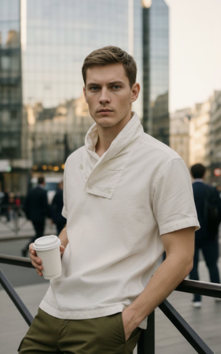 White big collar T-shirt in bamboo fabric by Moon N Lotus, soft breathable lightweight t-shirt for men