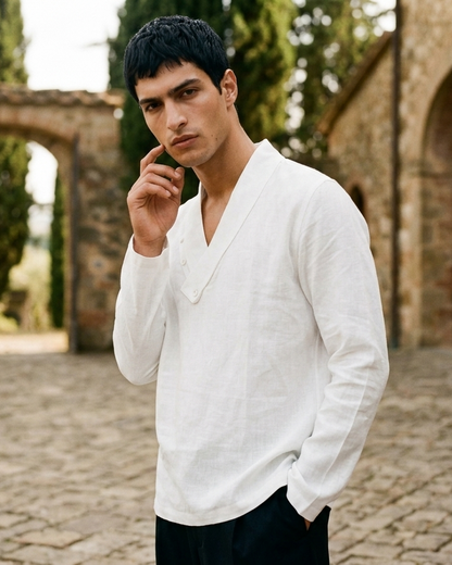 White full sleeve T-shirt with big collar in bamboo fabric by Moon N Lotus, soft breathable everyday wear