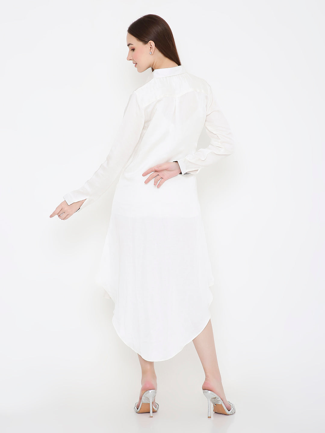 Back view of white shirt dress in bamboo fabric, relaxed fit and elegant drape Moon N Lotus
