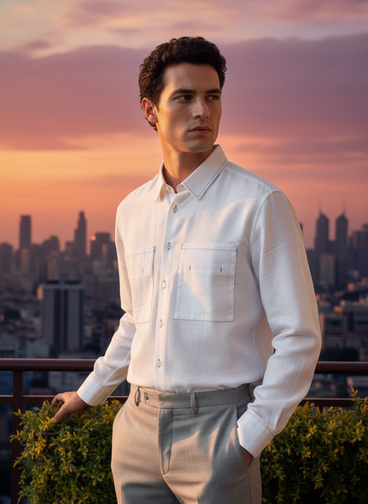 White collared shirt with pocket detail in 100% hemp fabric by Moon N Lotus, breathable minimal wear