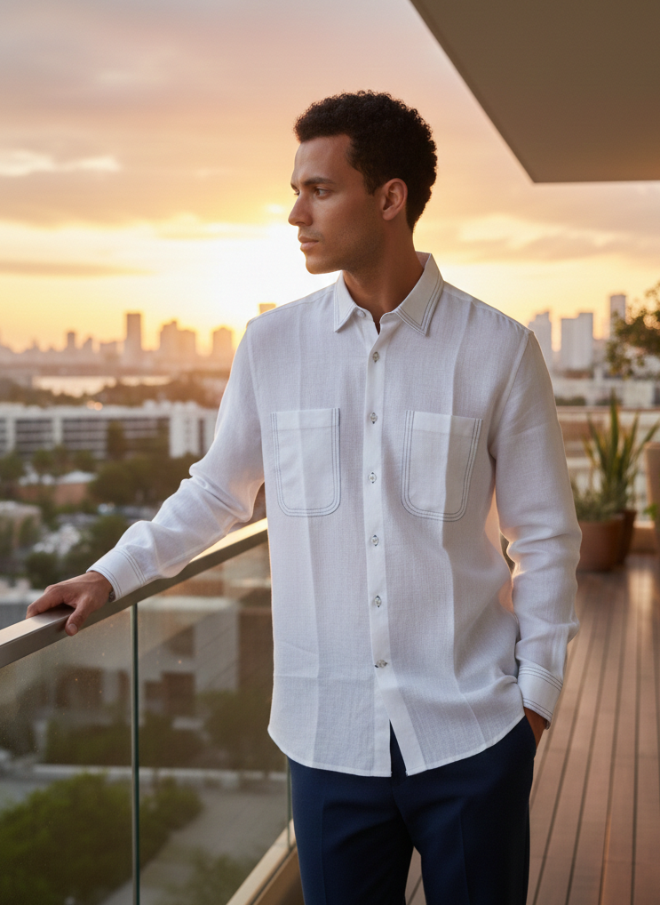White collared shirt with threadwork in 100% hemp fabric by Moon N Lotus, breathable minimal wear