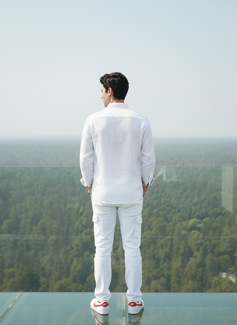 Back view of white hemp collared shirt, relaxed fit sustainable men’s wear Moon N Lotus