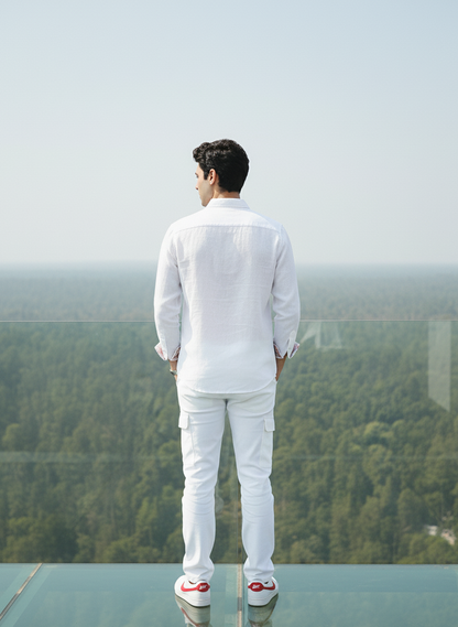 Back view of white hemp collared shirt, relaxed fit sustainable men’s wear Moon N Lotus