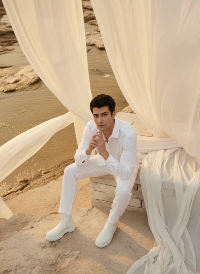Classic white shirt in 100% hemp fabric by Moon N Lotus, breathable lightweight summer shirt for men