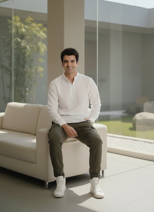 White zipper kurta in 100% hemp fabric by Moon N Lotus, breathable lightweight kurta for men