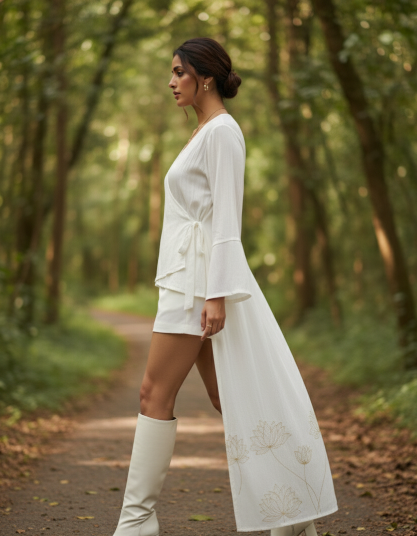 White high low kimono wrap with floral foiling in bamboo fabric by Moon N Lotus, elegant breathable wear