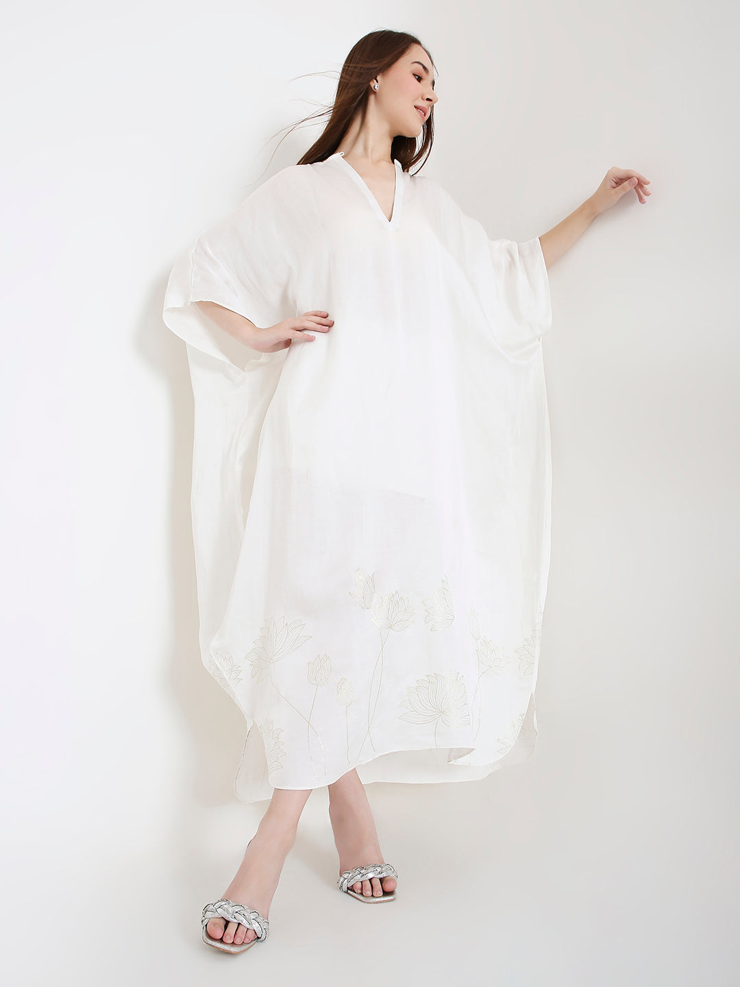 White floral kaftan styled for women, elegant resort and summer look Moon N Lotus