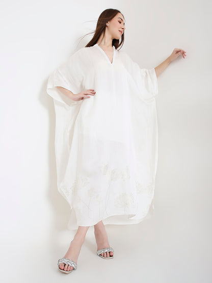 White floral kaftan styled for women, elegant resort and summer look Moon N Lotus