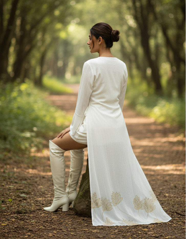White floral foil kimono wrap styled for summer and occasion wear, lightweight bamboo fabric Moon N Lotus