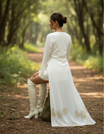 White floral foil kimono wrap styled for summer and occasion wear, lightweight bamboo fabric Moon N Lotus