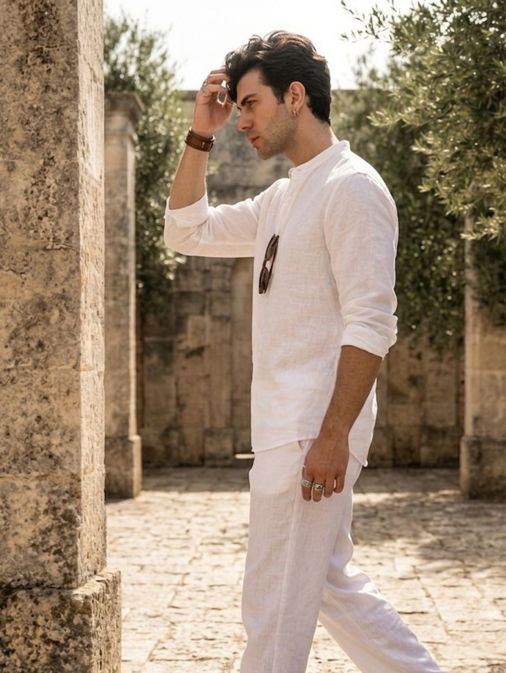 Back view of men’s white kurta shirt in bamboo fabric, relaxed fit summer wear Moon N Lotus
