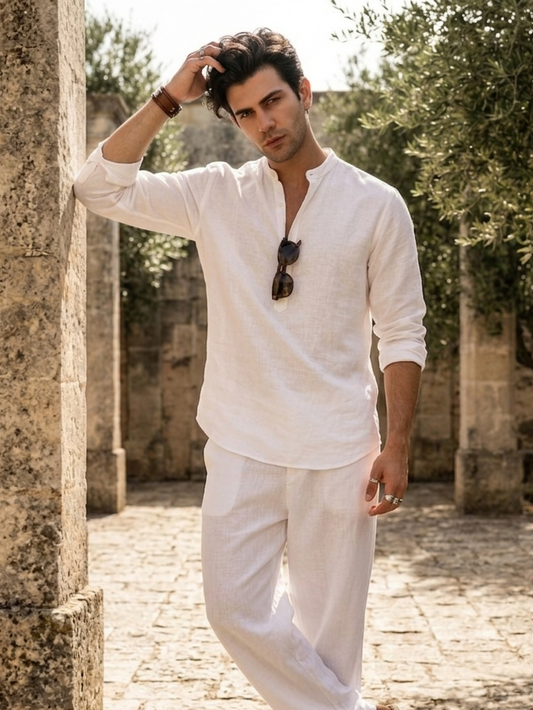 Men’s white kurta shirt in bamboo fabric by Moon N Lotus, lightweight breathable summer wear