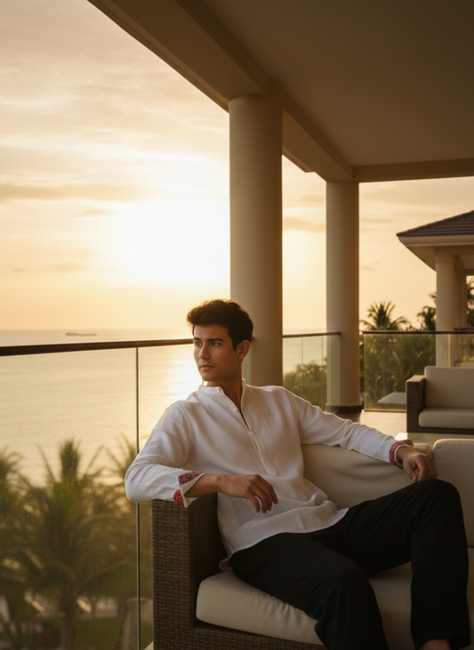 Men’s white kurta shirt in 100% hemp fabric by Moon N Lotus, breathable lightweight summer wear