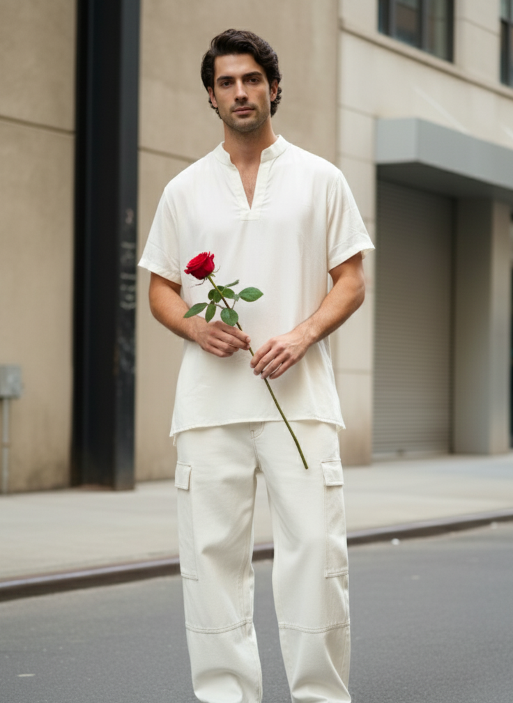 White kurta T-shirt in bamboo fabric by Moon N Lotus, lightweight breathable fusion wear for men