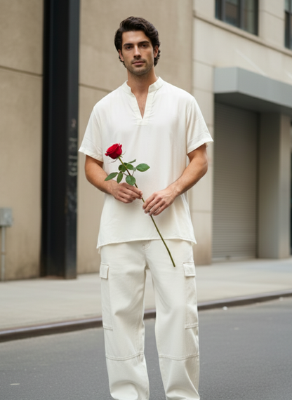 White kurta T-shirt in bamboo fabric by Moon N Lotus, lightweight breathable fusion wear for men