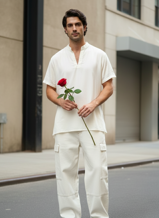 White kurta T-shirt in bamboo fabric by Moon N Lotus, lightweight breathable fusion wear for men