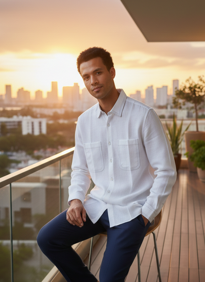Front view of white collared hemp shirt with subtle embroidery detail Moon N Lotus