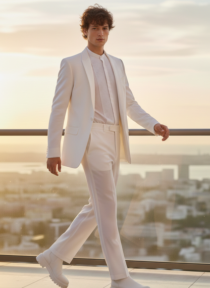 Front view of white Asian collar hemp shirt for men with clean silhouette Moon N Lotus