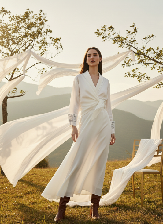 White short wrap top with cuff foiling in bamboo fabric by Moon N Lotus, lightweight breathable summer wear