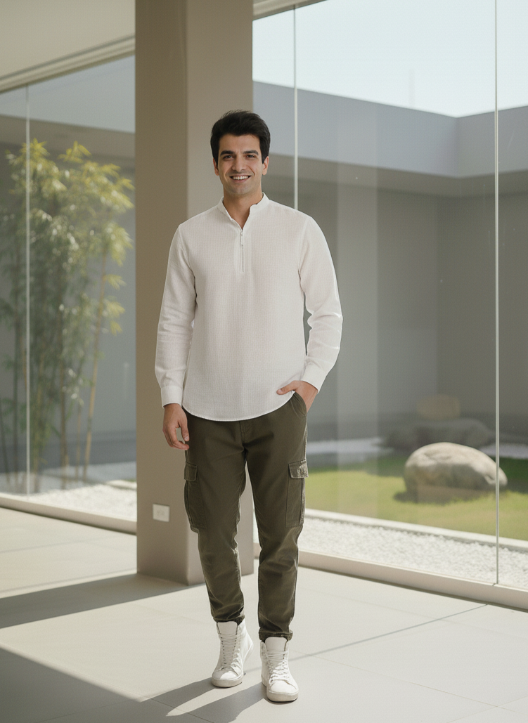 Lightweight white zipper kurta for men, perfect for casual and festive styling Moon N Lotus