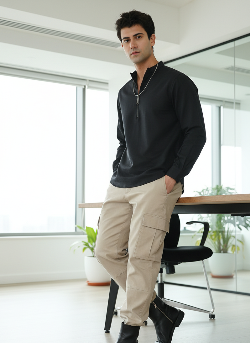 Close-up of front zipper on black kurta, modern functional design Moon N Lotus